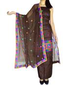 Giftpiper Unstitched Phulkari Suit Piece Cotton Silk Dark Brown