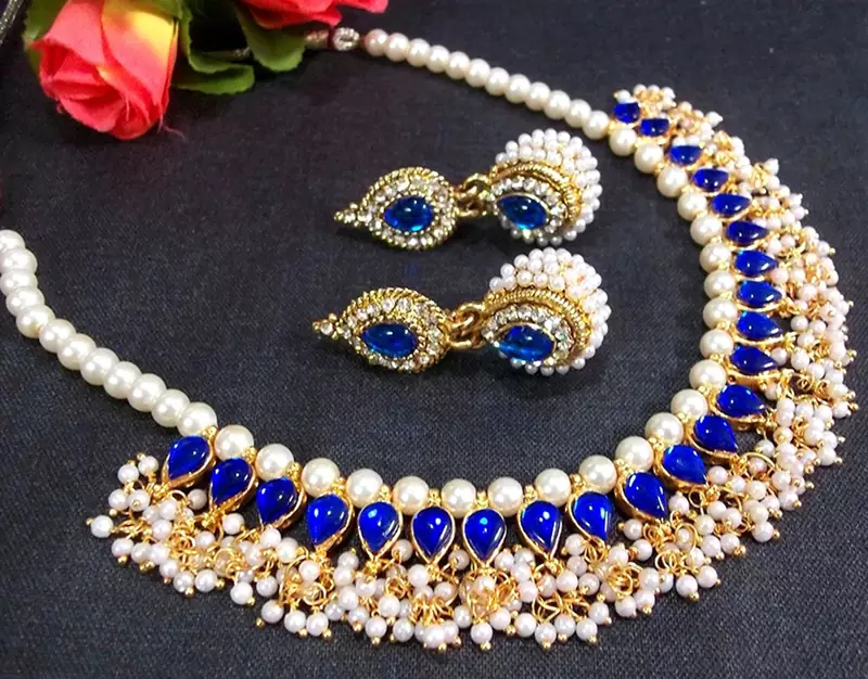 Blue Kundan Pearl Necklace Set
