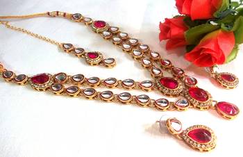 Dark Pink Double line kundan necklace set 1