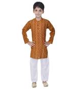 Yellow printed cotton Kurta Pyjama For Boys