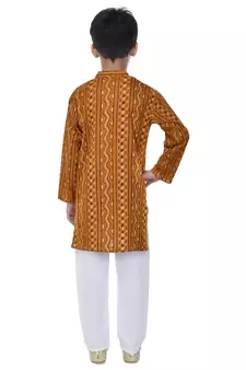 Yellow printed cotton Kurta Pyjama For Boys