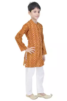 Yellow printed cotton Kurta Pyjama For Boys