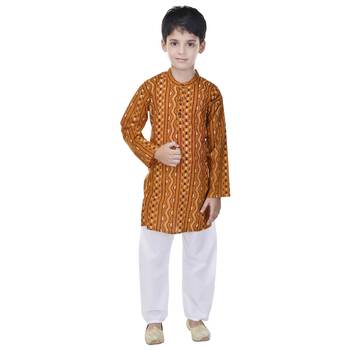 Yellow printed cotton Kurta Pyjama For Boys 4