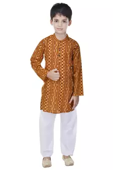 Yellow printed cotton Kurta Pyjama For Boys