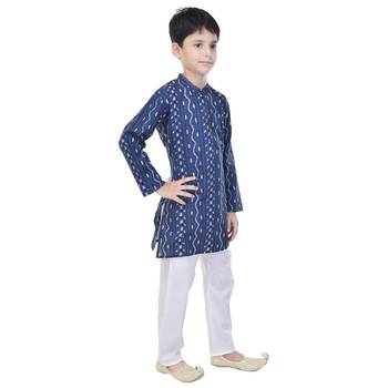 Blue printed cotton Kurta Pyjama For Boys 3