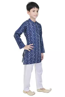 Blue printed cotton Kurta Pyjama For Boys