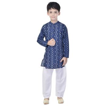 Blue printed cotton Kurta Pyjama For Boys 4
