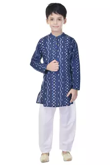 Blue printed cotton Kurta Pyjama For Boys