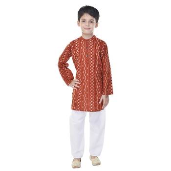 Orange printed cotton Kurta Pyjama For Boys 1
