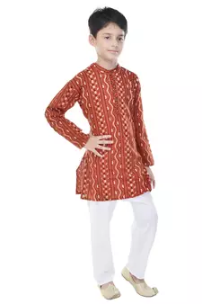 Orange printed cotton Kurta Pyjama For Boys