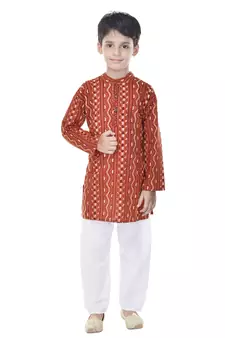 Orange printed cotton Kurta Pyjama For Boys