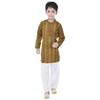 Green printed cotton Kurta Pyjama For Boys 4