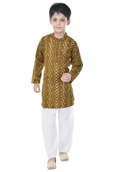 Green printed cotton Kurta Pyjama For Boys