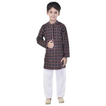 Black printed cotton Kurta Pyjama For Boys 1