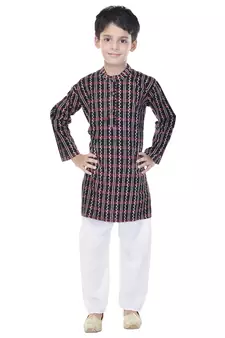 Black printed cotton Kurta Pyjama For Boys