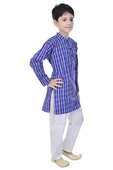 Blue printed cotton Kurta Pyjama For Boys