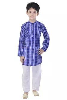 Blue printed cotton Kurta Pyjama For Boys