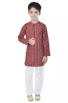 Maroon printed cotton Kurta Pyjama For Boys