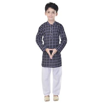 Black printed cotton Kurta Pyjama For Boys 4