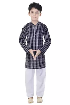 Black printed cotton Kurta Pyjama For Boys