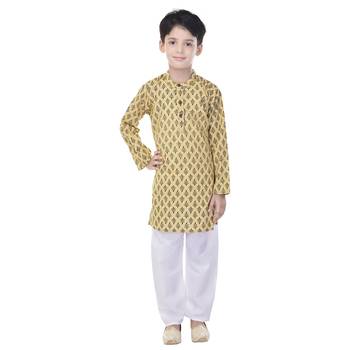 Yellow printed cotton Kurta Pyjama For Boys 1