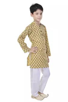 Yellow printed cotton Kurta Pyjama For Boys