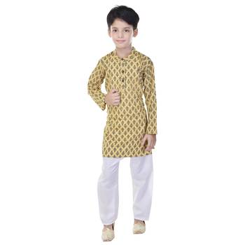 Yellow printed cotton Kurta Pyjama For Boys 4
