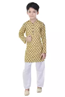 Yellow printed cotton Kurta Pyjama For Boys