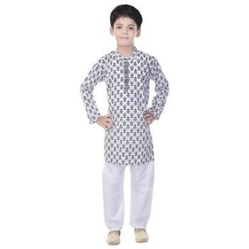 White printed cotton Kurta Pyjama For Boys 1