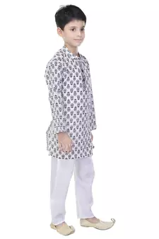 White printed cotton Kurta Pyjama For Boys