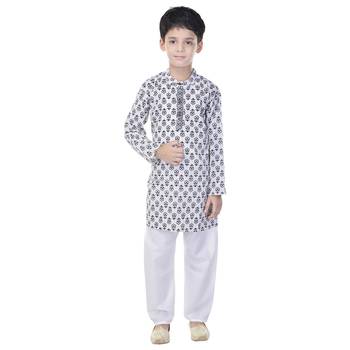 White printed cotton Kurta Pyjama For Boys 4