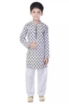 White printed cotton Kurta Pyjama For Boys
