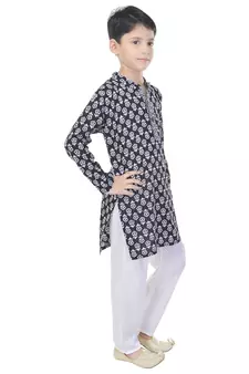 Black printed cotton Kurta Pyjama For Boys