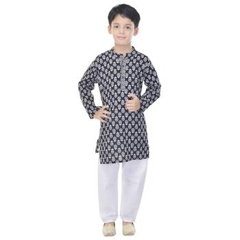 Black printed cotton Kurta Pyjama For Boys 4