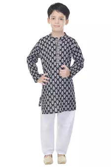 Black printed cotton Kurta Pyjama For Boys