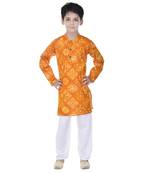 Yellow printed cotton Kurta Pyjama For Boys