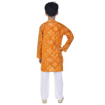 Yellow printed cotton Kurta Pyjama For Boys 2