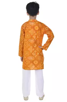 Yellow printed cotton Kurta Pyjama For Boys