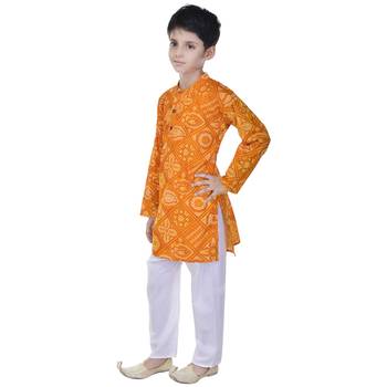 Yellow printed cotton Kurta Pyjama For Boys 3