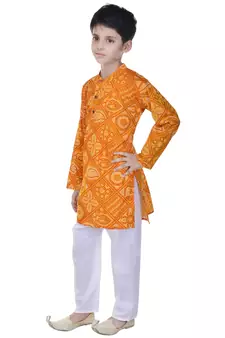 Yellow printed cotton Kurta Pyjama For Boys
