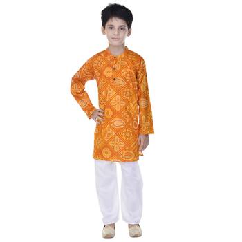 Yellow printed cotton Kurta Pyjama For Boys 4