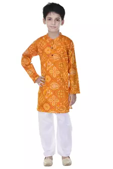 Yellow printed cotton Kurta Pyjama For Boys