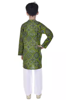 Green printed cotton Kurta Pyjama For Boys