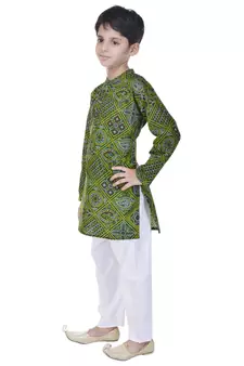Green printed cotton Kurta Pyjama For Boys