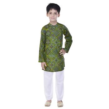 Green printed cotton Kurta Pyjama For Boys 4