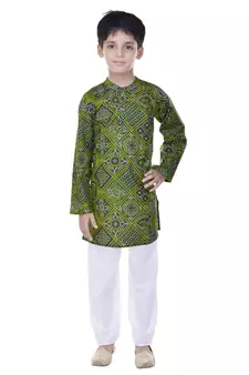 Green printed cotton Kurta Pyjama For Boys