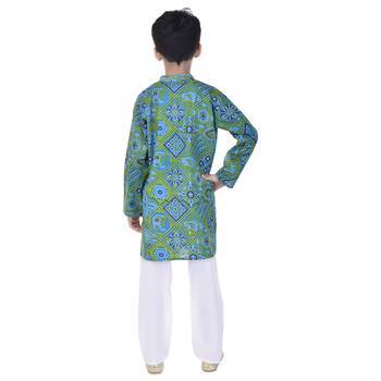 Blue printed cotton Kurta Pyjama For Boys 2