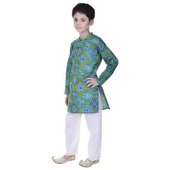 Blue printed cotton Kurta Pyjama For Boys 3