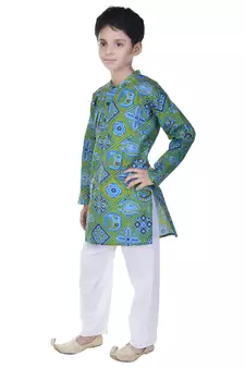 Blue printed cotton Kurta Pyjama For Boys