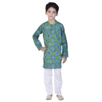 Blue printed cotton Kurta Pyjama For Boys 4